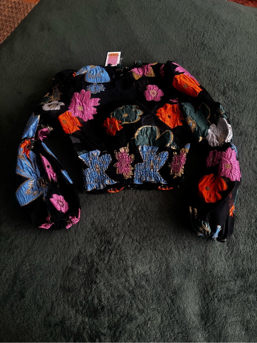 NWT XS $268 THE HOUSE OF PERNA ANNE top blouse MOD FLORAL smocked puff sleeves - Picture 9 of 9